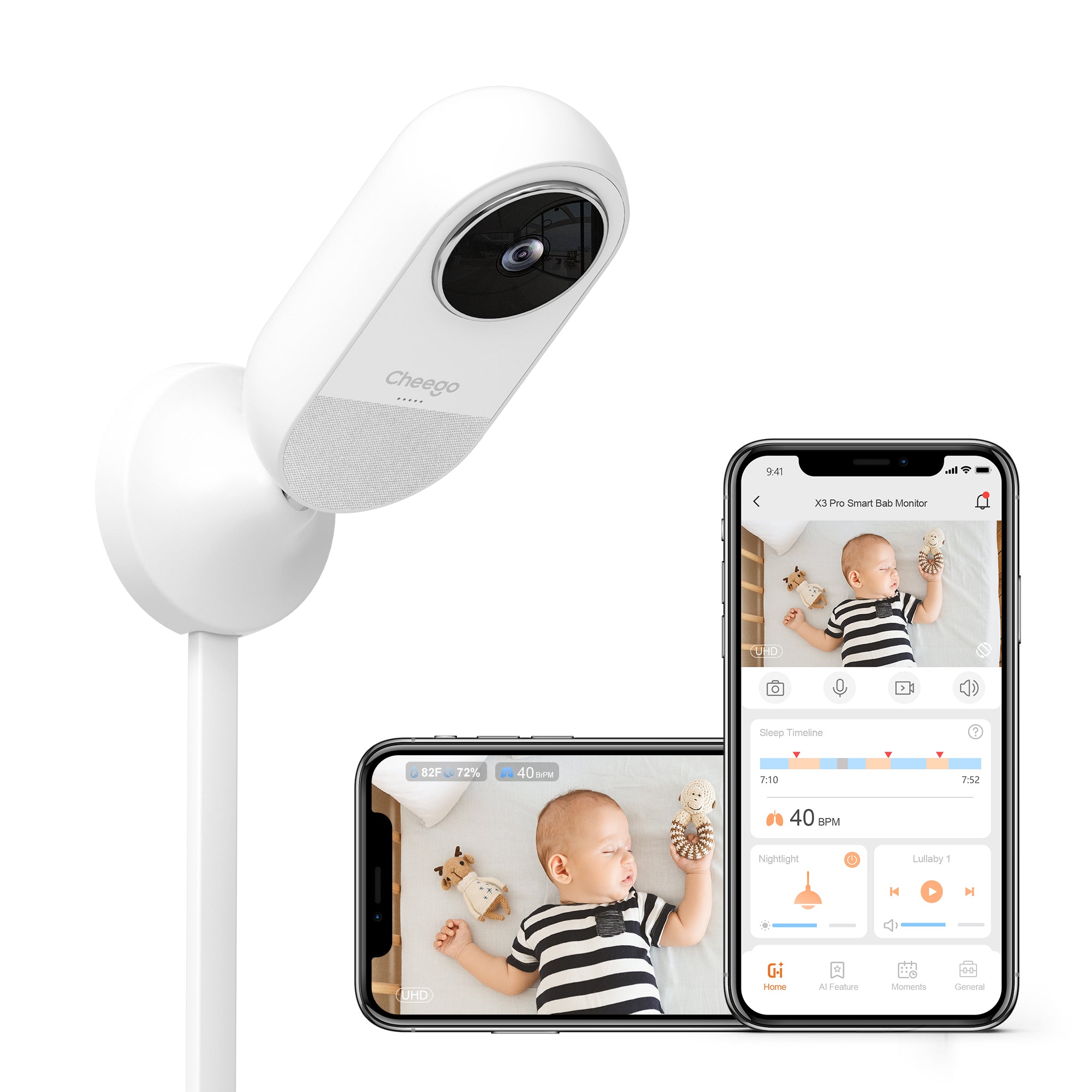 Cheego X3 Pro Smart Baby Monitor HD Video Camera and Audio, Realtime Breathing and Sleep Tracking, 2-Way Talk, Nightlight and Night Vision, Room Humidity & Temp, Wake up & Crying Detection, Works with Alexa