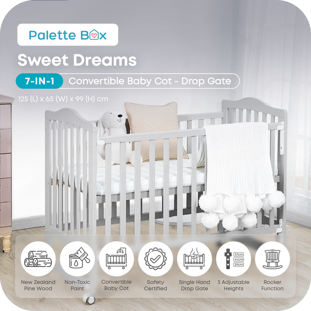 Palette Box Sweet Dreams 7-in-1 Convertible Baby Cot with Rocker 120x6