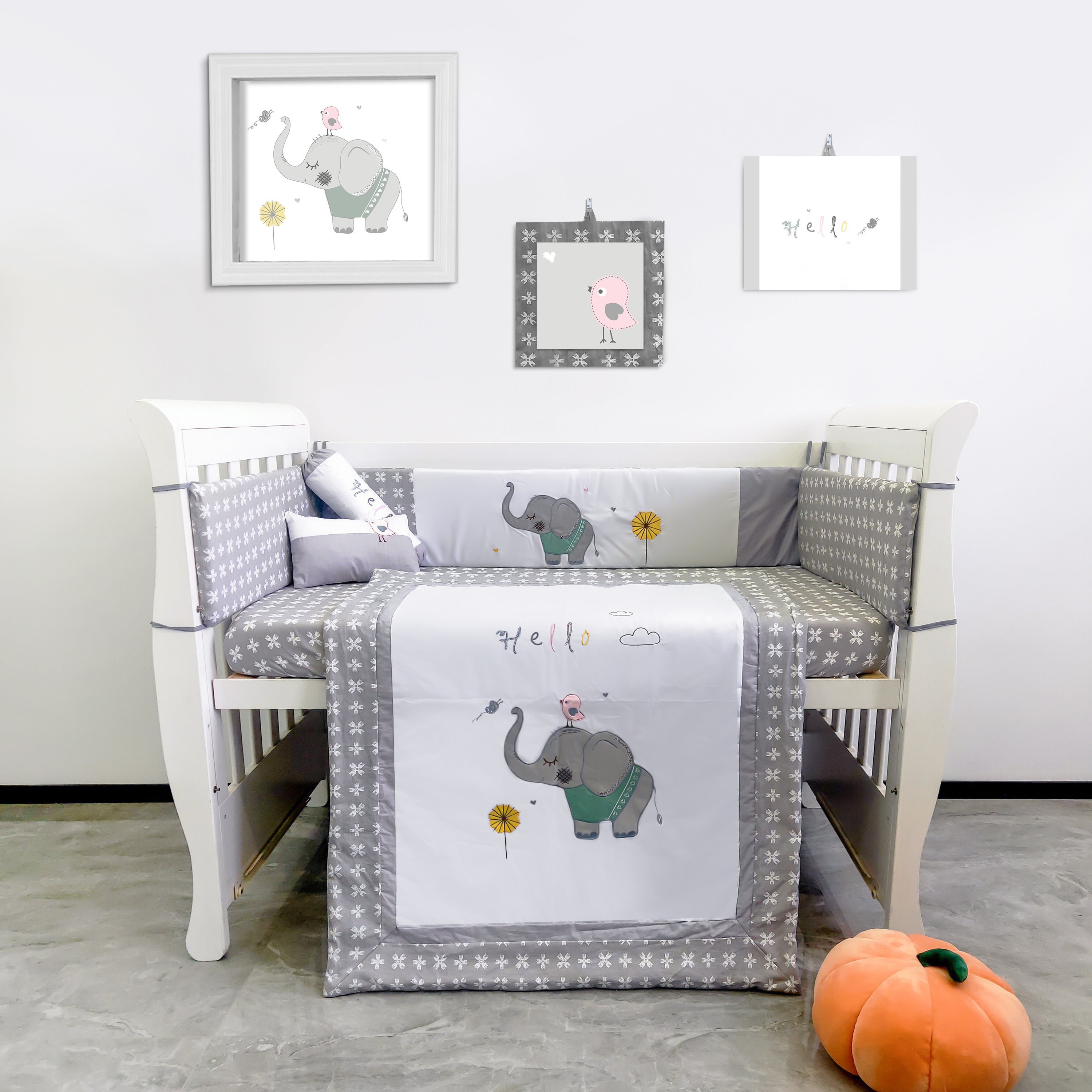 Baby Crib Elephant Cot Bed Set Pink Gray Elephant 8pc Crib Bedding