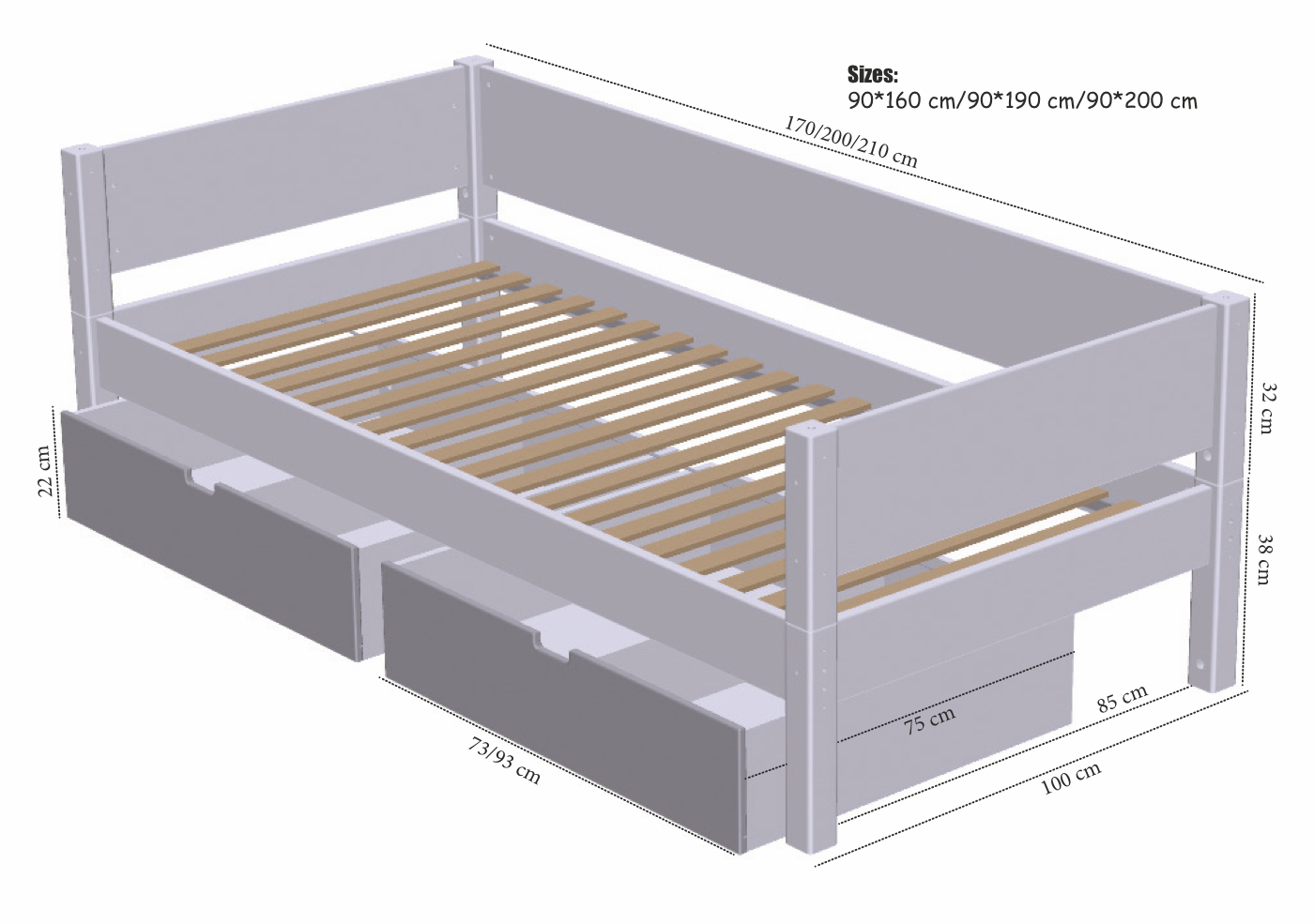 Manis-h Kids Single Bed with Safety Rail and Drawers - MIMER