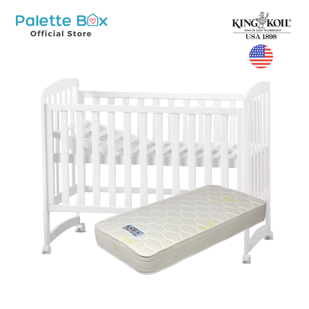 PREORDER APRIL 2024 Palette Box Sweet Dreams Avant Garde 10-in-1 Convertible Baby Cot with Anti-Colic System (ACS) & Rocker - Drop Gate (120x60cm) + King Koil Baby OrthoGuard 1 Spring 6 inch Mattress