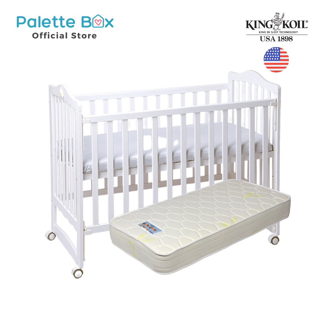 Palette Box Sweet Dreams 7-in-1 Convertible Baby Cot with Rocker - Drop Gate (120x60cm) + King Koil Baby OrthoGuard 1 Spring 6 inch Mattress
