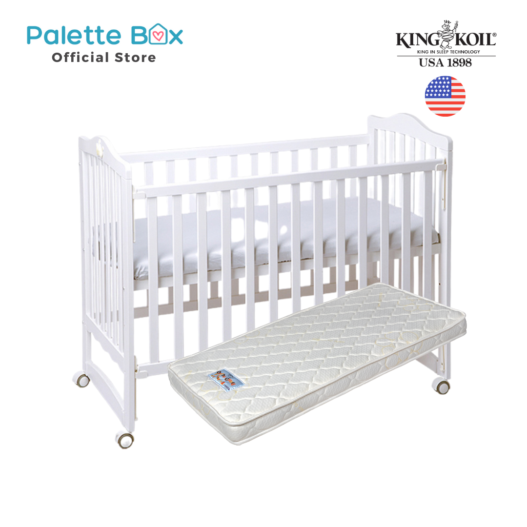 Palette Box Sweet Dreams 7-in-1 Convertible Baby Cot with Rocker - Drop Gate (120x60cm) + King Koil Baby Orthoguard 2 Dual-Foam 4" Mattress