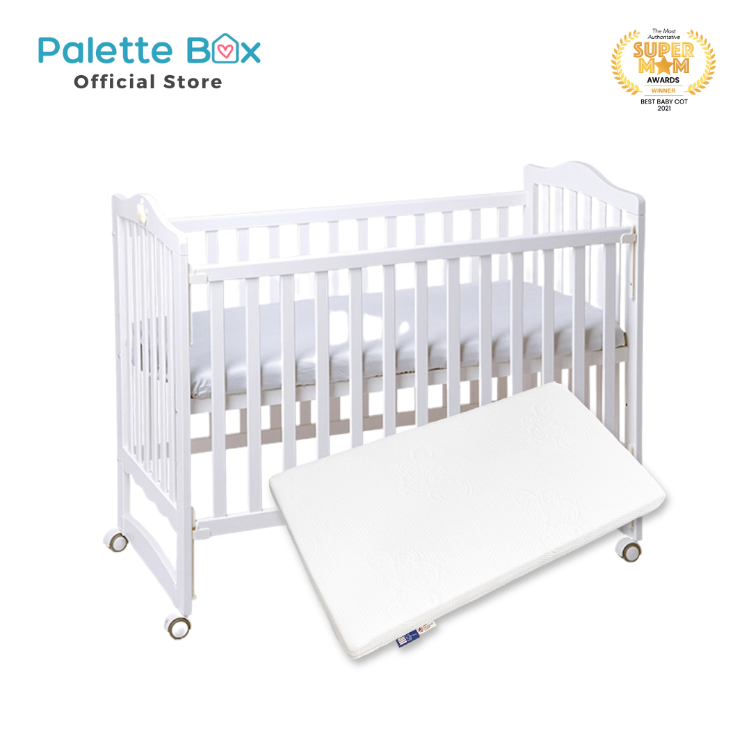 Palette Box Sweet Dreams 7-in-1 Convertible Baby Cot with Rocker - Drop Gate (120x60cm) + The Sleeping Lab Baby Orthosleep Premium Mattress 4 Inch (120x60cm)