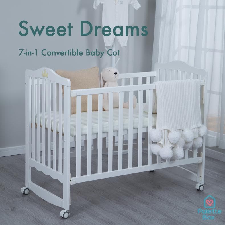 Palette Box Sweet Dreams 7-in-1 Convertible Baby Cot with Rocker - Drop Gate (120x60cm) + The Sleeping Lab Baby Orthosleep Premium Mattress 4 Inch (120x60cm)